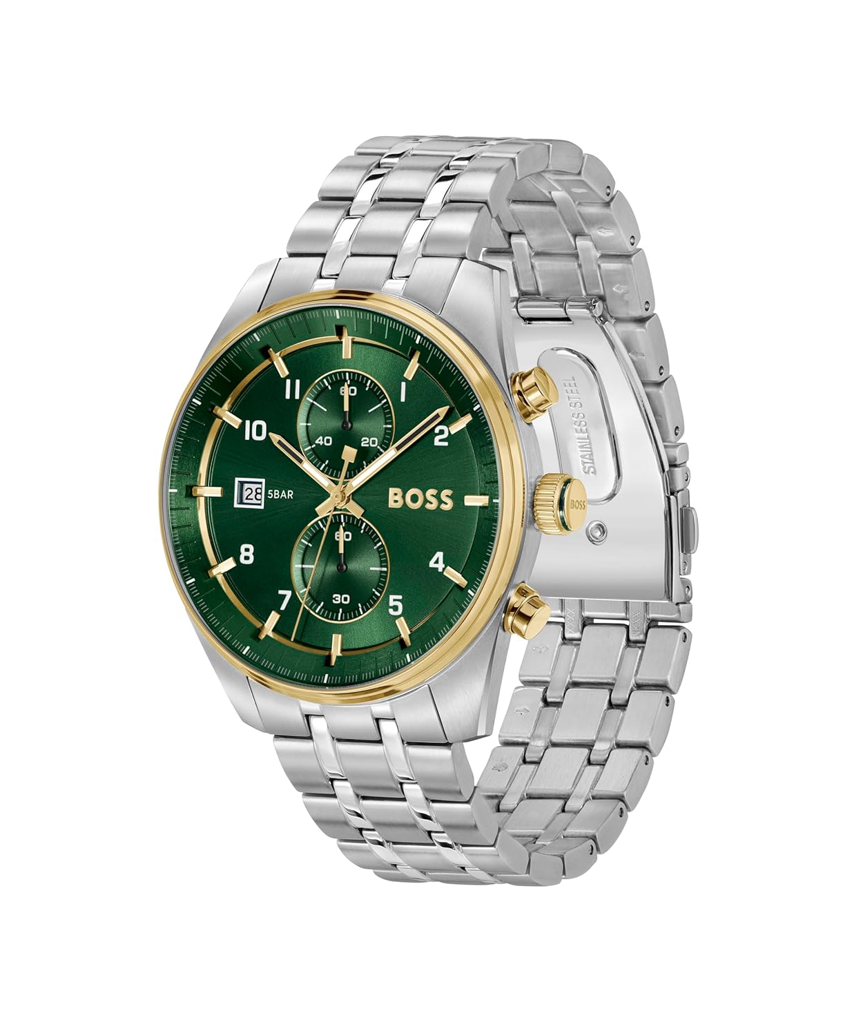 BOSS Hugo Skytraveller Qtz Analog Fashion Chrono Green Round Dial Men's Watch|Stainless Steel Material|Silver Color Band