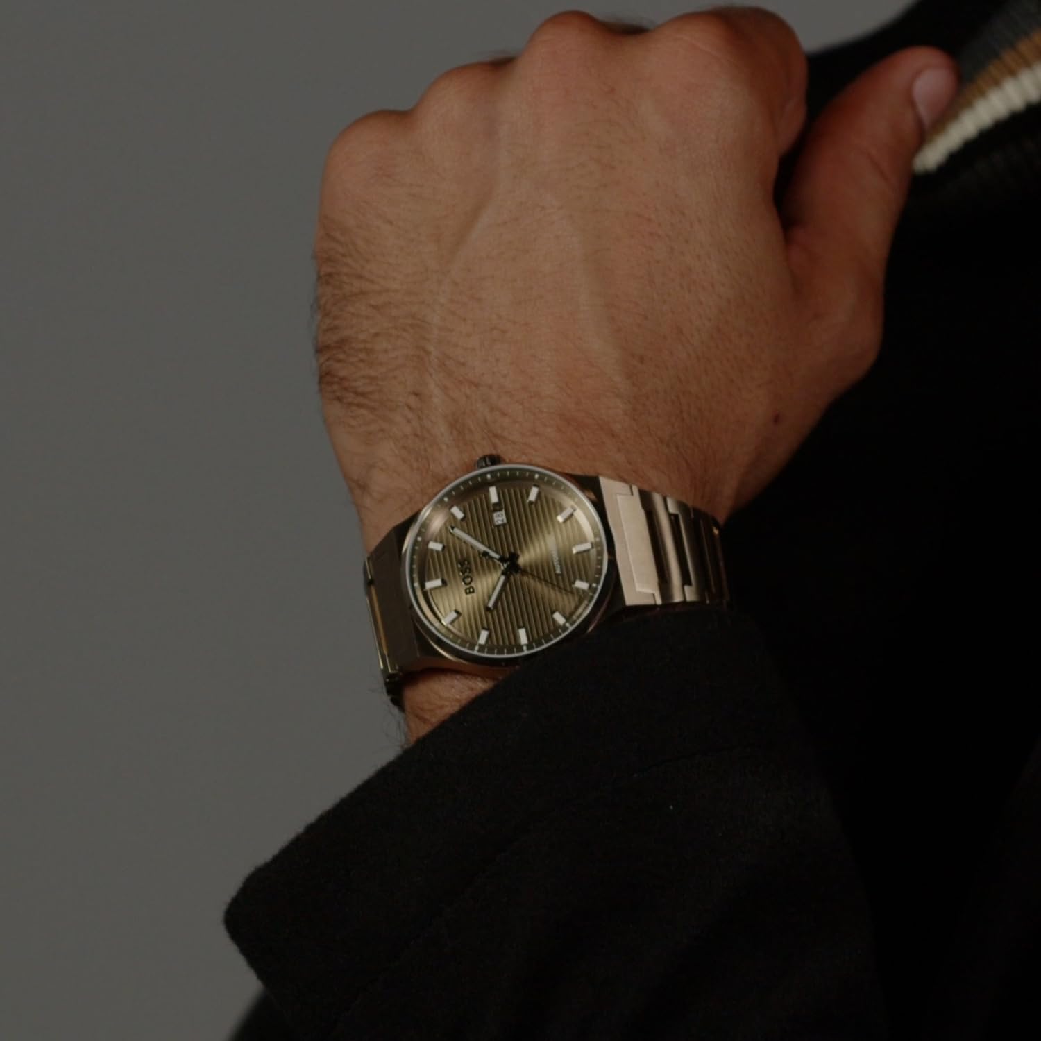 BOSS Candor Auto Mech-Automatic Olive Green Round Dial Men's Watch|Ionic Plated Beige Gold Steel Material|Gold Color Band