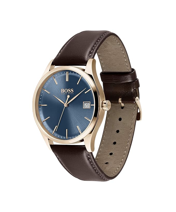 Hugo Boss Commissioner Leather Analog Men's Watch,Blue Dial Brown Colored Strap