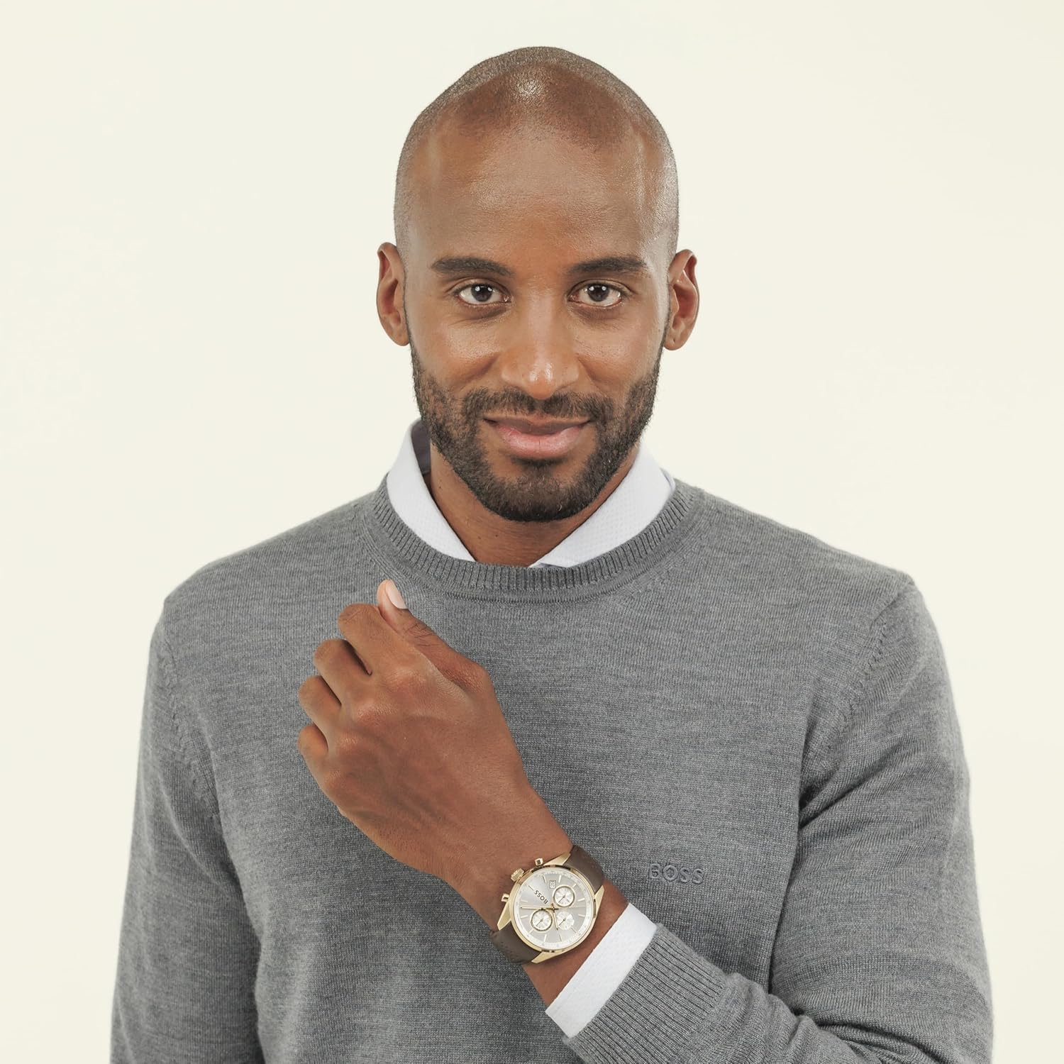 BOSS Grand Prix 44 Qtz Fashion Chrono Silver White Round Dial Men's Watch|Brown Leather Material|Brown Color Band