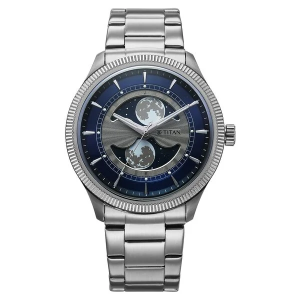 Titan Stellar Analog with Dual Moon Phase and Blue Dial Silver Stainless Steel Strap Watch for Men