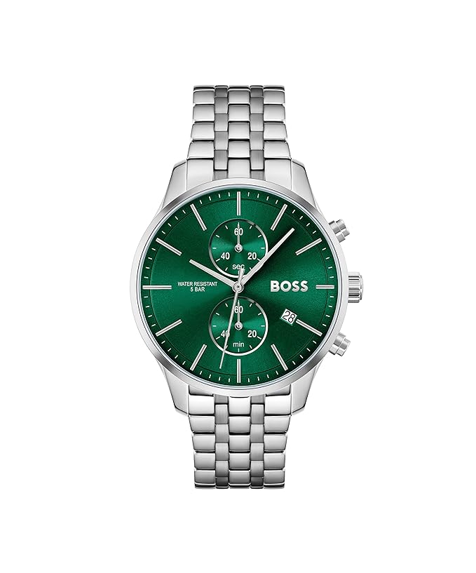 BOSS Men Associate Qtz Fashion Chrono Green Round Dial Analog Watch|Stainless Steel Material|Silver Color Band