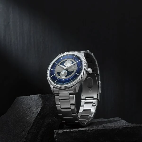 Titan Stellar Analog with Dual Moon Phase and Blue Dial Silver Stainless Steel Strap Watch for Men