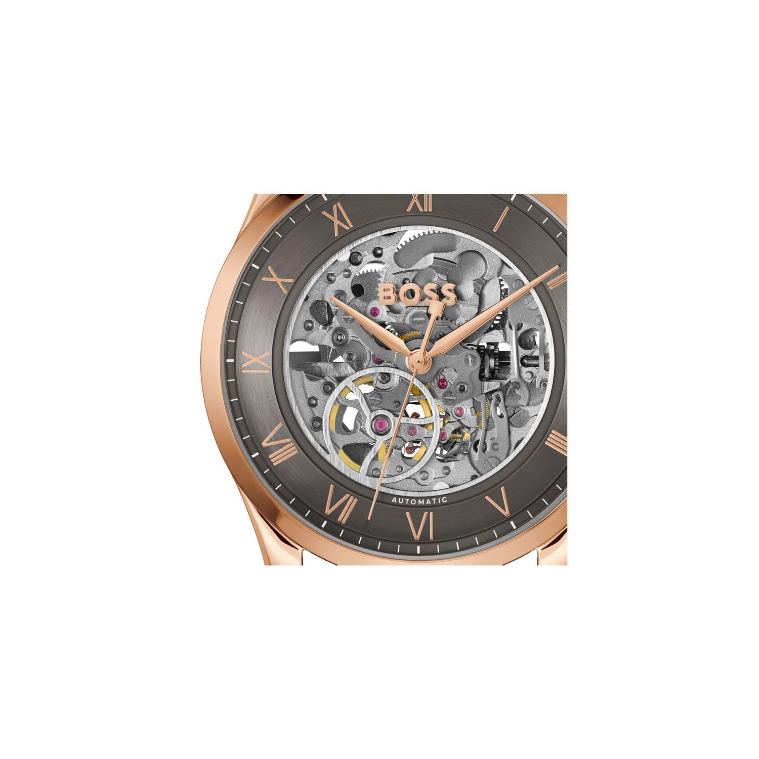BOSS Principle Skeleton Mech-Automatic Dark Grey Round Dial Men's Watch|Brown Calfskin Material|Brown Color Band