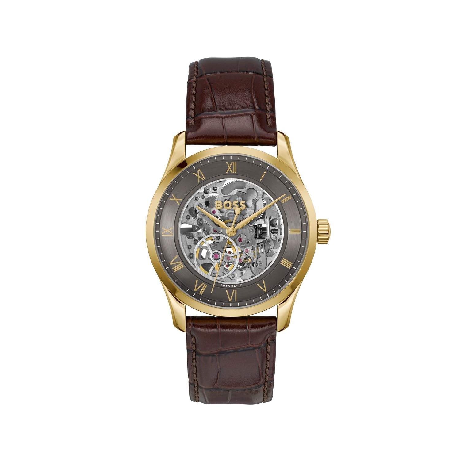 BOSS Principle Skeleton Mech-Automatic Dark Grey Round Dial Men's Watch|Brown Calfskin Material|Brown Color Band