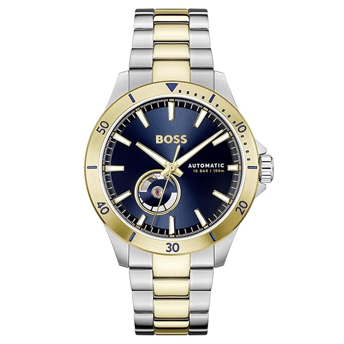 BOSS Mens Troper Automatic Mech-Automatic Blue Round Dial Analog Watch|Two Tone Stainless Steel Material|Silver Color Band