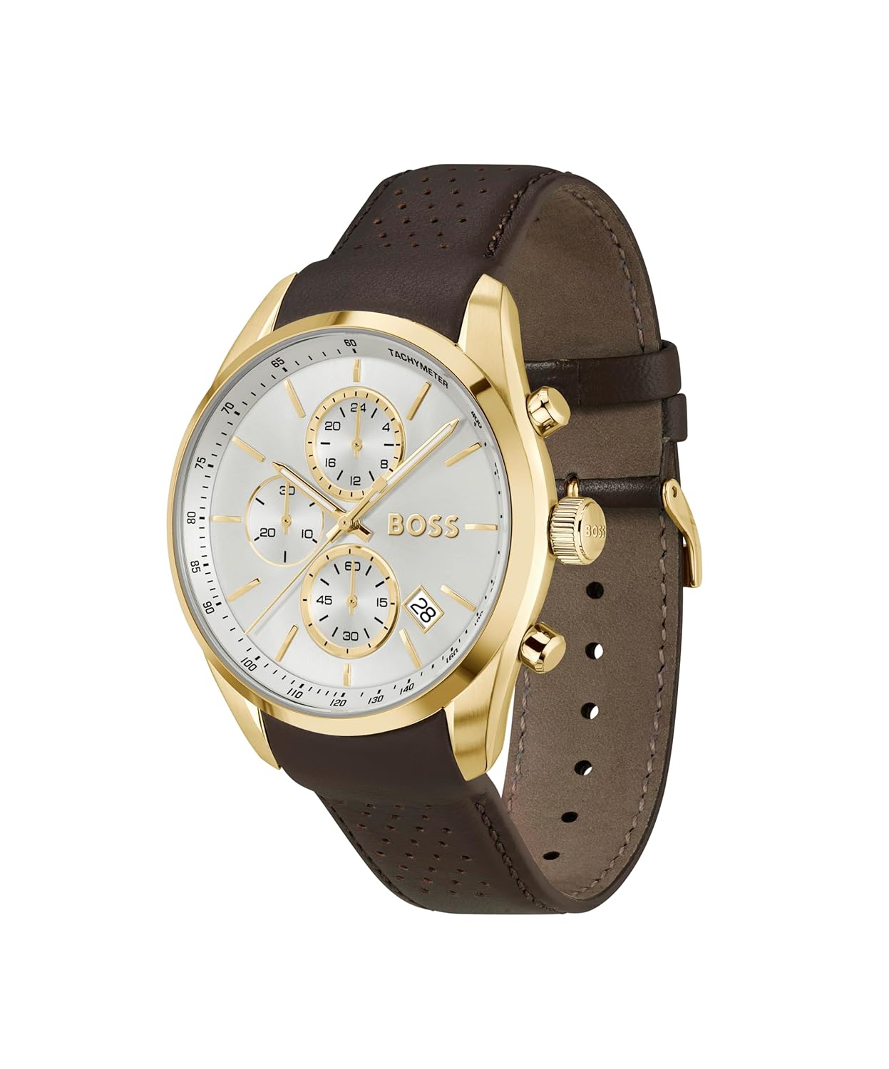 BOSS Grand Prix 44 Qtz Fashion Chrono Silver White Round Dial Men's Watch|Brown Leather Material|Brown Color Band