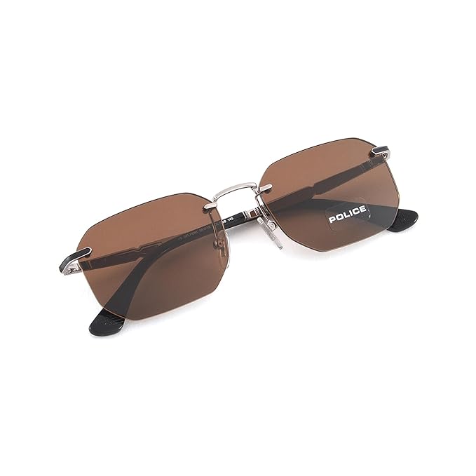 Police Eyewear | Solid Brown Lens Square Sunglass | Rim Less | Shiny Gun Frame With 100% U.V. Protection | Men Sunglasses |