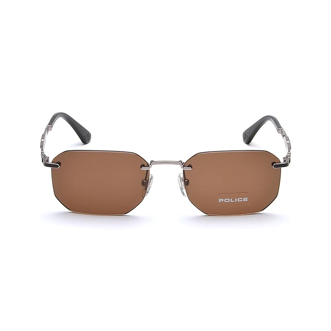 Police Eyewear | Solid Brown Lens Square Sunglass | Rim Less | Shiny Gun Frame With 100% U.V. Protection | Men Sunglasses |